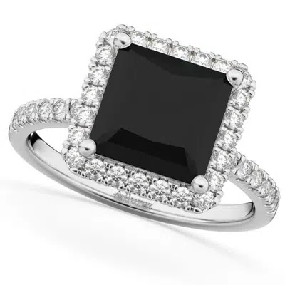 Allurez Princess Cut Halo Black Diamond Engagement Ring 14k