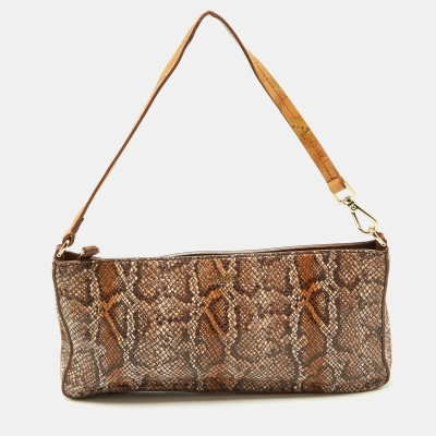 Pre-owned Alviero Martini 1a Classe Brown Python Embossed And Leather Zip Baguette Bag