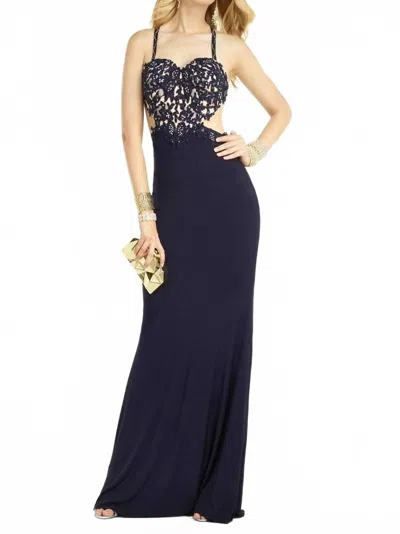 Alyce Paris Embroidered Lace Strappy Sexy Back Evening Gown In Midnight/nude In Blue