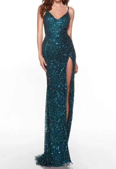 Alyce Paris V-neck Prom Gown With Slit In Dragonfly In Blue