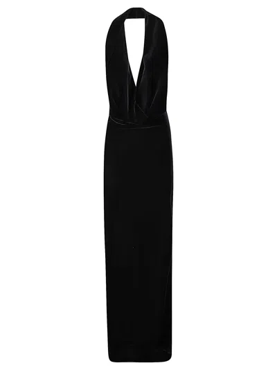 Amazuìn Venus Velvet Plunging Halter Maxi Dress In Black