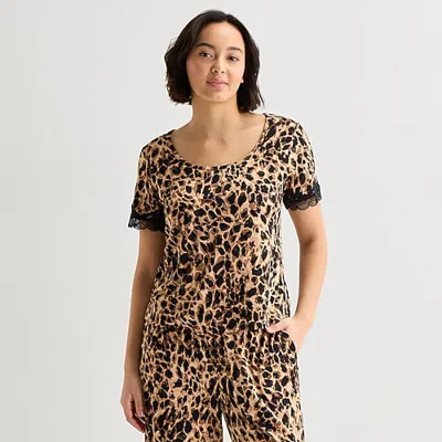 Ambrielle Womens Scoop Neck Short Sleeve Pajama Top In Animal Print