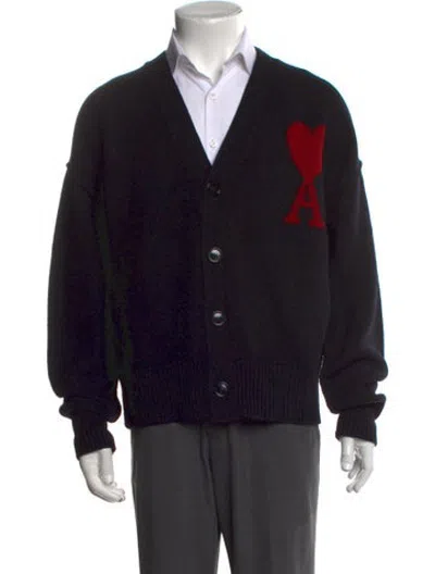 Pre-owned Ami Alexandre Mattiussi Virgin Wool Graphic Print Cardigan In Black