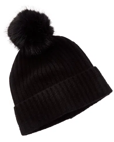 Amicale Cashmere Cable Detail Rib Cuffed Cashmere Hat In Black