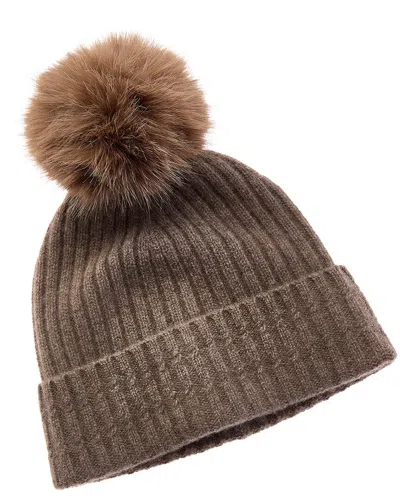 Amicale Cashmere Cable Detail Rib Cuffed Cashmere Hat In Brown