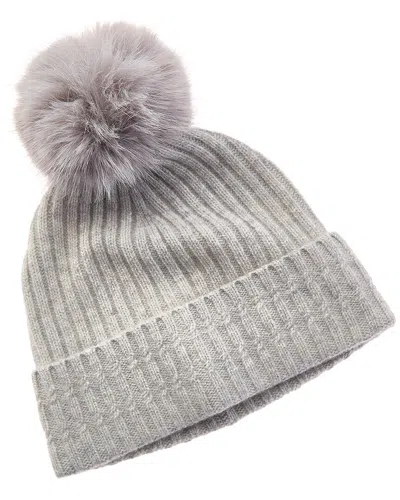 Amicale Cashmere Cable Detail Rib Cuffed Cashmere Hat In Grey