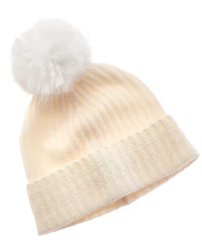 Amicale Cashmere Cable Detail Rib Cuffed Cashmere Hat In White