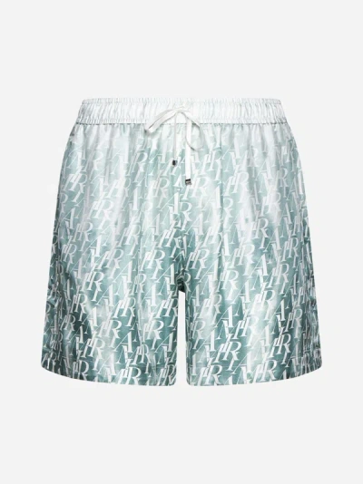 Amiri Logo Print Silk Shorts In Mineral Green