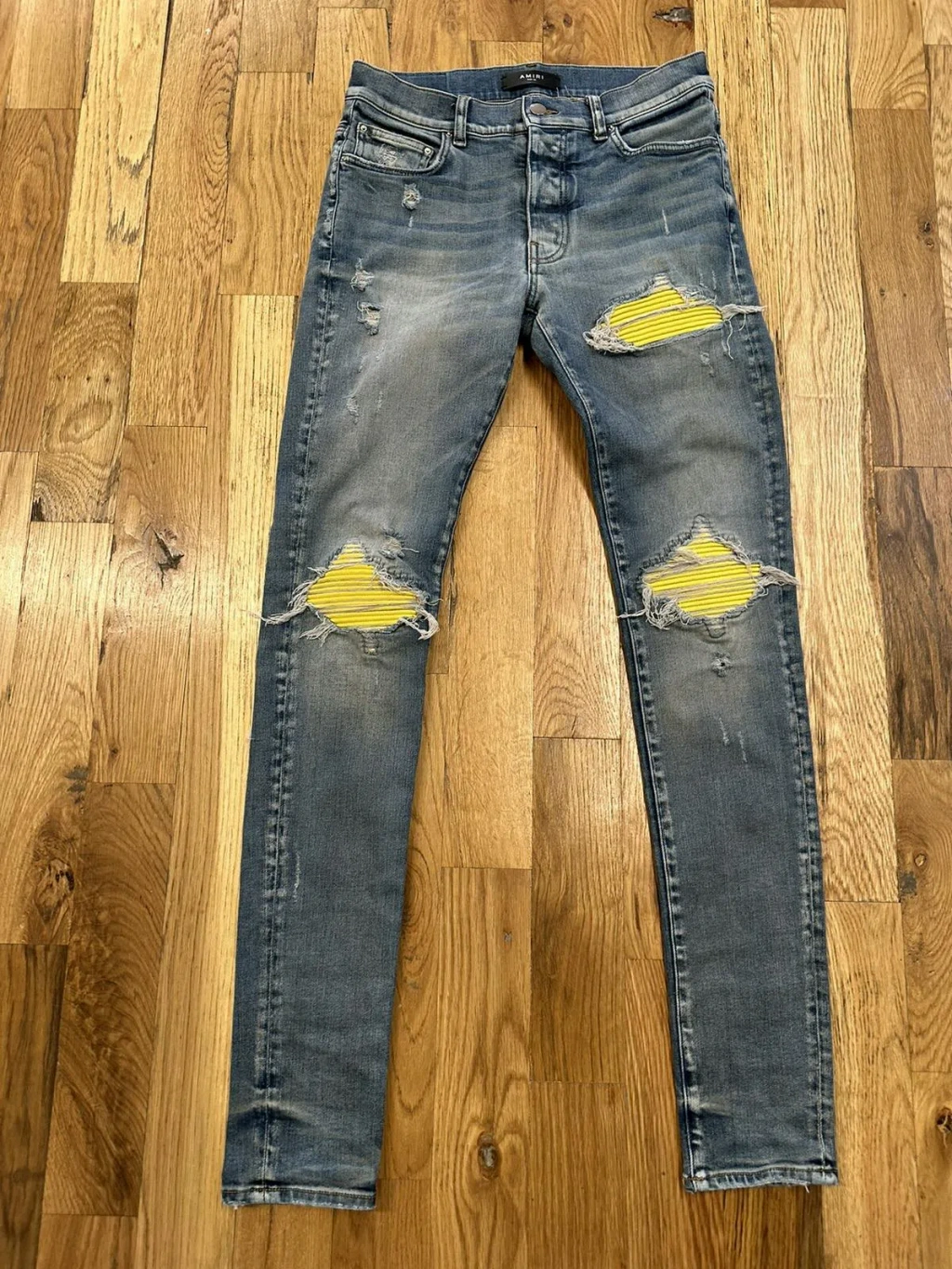 Pre-owned Amiri Mx1 Yellow Blue Denim Jeans Size 30 | ModeSens