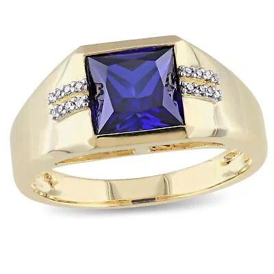 Pre-owned Amour 10k Yellow Men's 3.06 Ct Tgw Created Blue Sapphire And Diamond Accent Ring In Gold