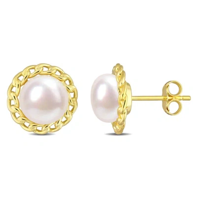 Amour 8-8.5mm Cultured Freshwater Pearl Halo Link Stud Earrings In Yellow Plated Sterling Silver