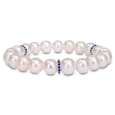 Amour 9-9.5mm Freshwater Cultured Pearl And Created Sapphire Rondelles Bracelet In Sterling Silver In White