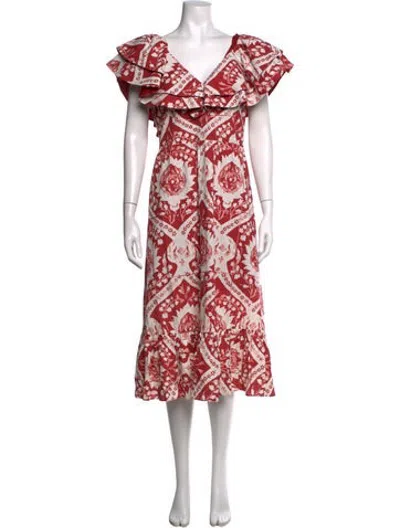 Pre-owned Amur Floral Print Midi Length Dress In Red