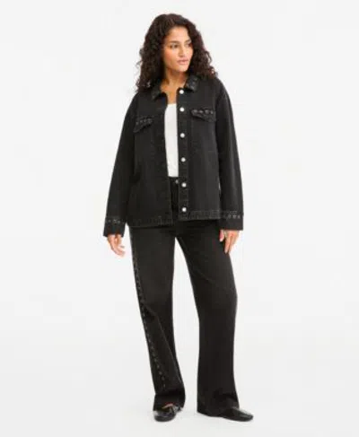 And Now This Now This Petite Denim Grommet Jacket High Rise Wide Leg Jeans Macys Exclusive In Black