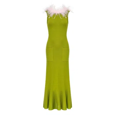 Andreeva Chrysanthemum Green Knit Dress With Pink Ostrich Feathers