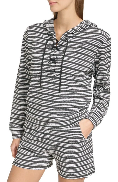 Andrew Marc Heritage Stripe Lace-up Pullover Hoodie In Black/ White Combo