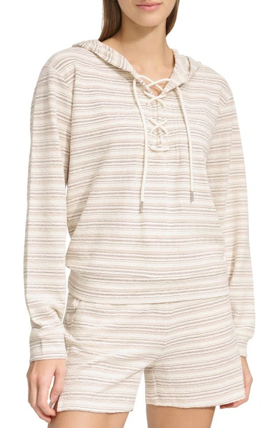 Andrew Marc Heritage Stripe Lace-up Pullover Hoodie In Oatmeal Combo