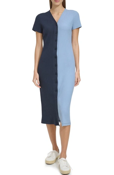 Andrew Marc Rib Colorblock Dress In Ink/ Faded Denim