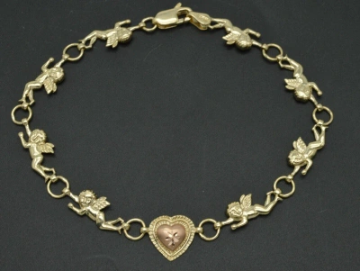 Pre-owned Angel Real 10k Yellow Gold  Brushed &diamond Cut Heart Love Bracelet 9.7mm 71/4'' In 7 1/4''