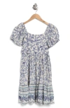 Angie Floral Print Square Neck Puff Sleeve Dress In Blue/ Ivory