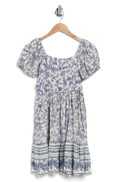 Angie Floral Print Square Neck Puff Sleeve Dress In Blue/ Ivory