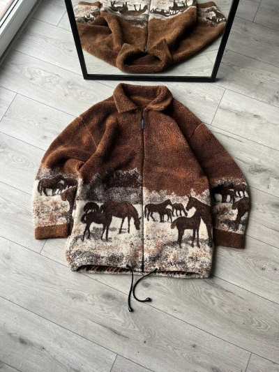 Pre-owned Animal Tee X Vintage 90's Horse Print Fleece Sherpa Jacket Y2k In Brown