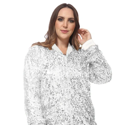 Anna-kaci Plus Size Sequin Bomber Jacket In Grey