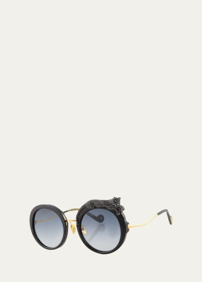 Anna-karin Karlsson Rose Et La Roue Round Crystal-embellished Leopard Sunglasses In Black