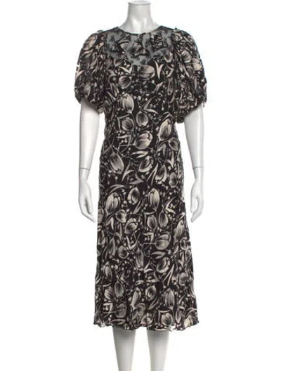 Pre-owned Anna Sui Floral Print Midi Length Dress In Black/white