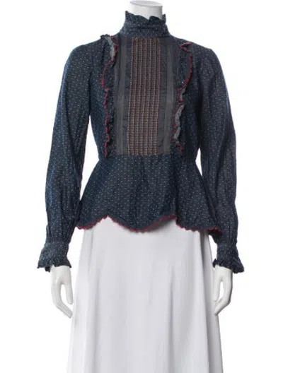 Pre-owned Anna Sui Polka Dot Print Mock Neck Blouse In Blue
