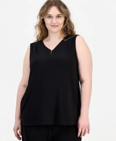 Anne Klein Essentials Plus Size V-neck Sleeveless Top In Anne Black