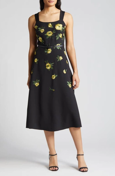 Anne Klein Floral Embroidered Belted A-line Dress In Anne Black/ Lemon Zest Multi