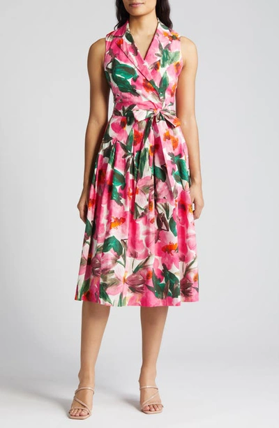 Anne Klein Floral Notched Collar Midi Dress In Camellia Multi