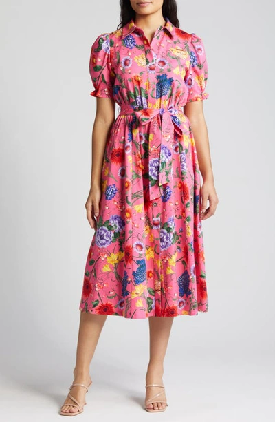 Anne Klein Floral Puff Sleeve Stretch Cotton Midi Shirtdress In Multi