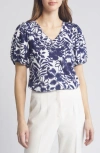 Anne Klein Floral Puff Sleeve T-shirt In Blue/ White