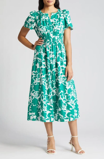 Anne Klein Floral Smocked Midi Dress In Green Sprig/porcelai
