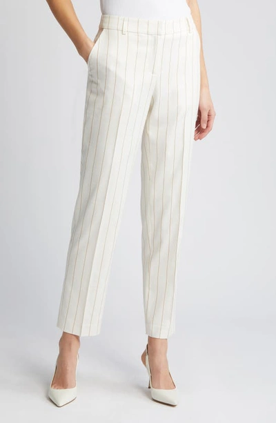 Anne Klein Pinstripe Straight Leg Ankle Pants In Bright White,latte