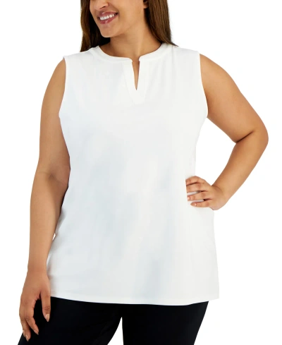 Anne Klein Plus Size Solid Split-neck Sleeveless Top In Bright White