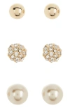 Anne Klein Set Of 3 Ball Stud Earrings In Pearl/ Crystal/ Gold