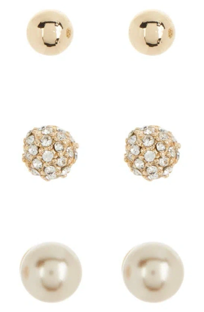 Anne Klein Set Of 3 Ball Stud Earrings In Pearl/ Crystal/ Gold