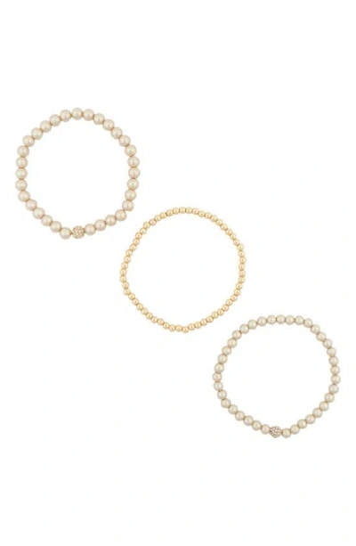 Anne Klein Set Of Three Crystal & Imitation Pearl Beaded Stretch Bracelets In Pearl/ Crystal/ Gold