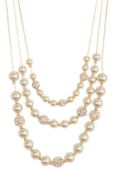 Anne Klein Three Layer Chain Necklace In Pearl/ Crystal/ Gold