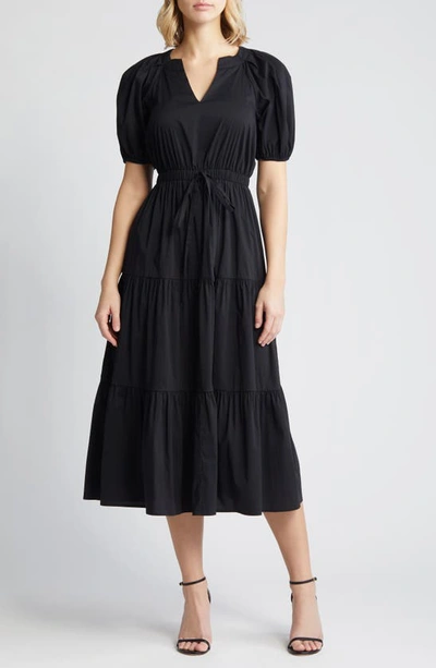 Anne Klein Tiered Puff Sleeve Midi Dress In Anne Black