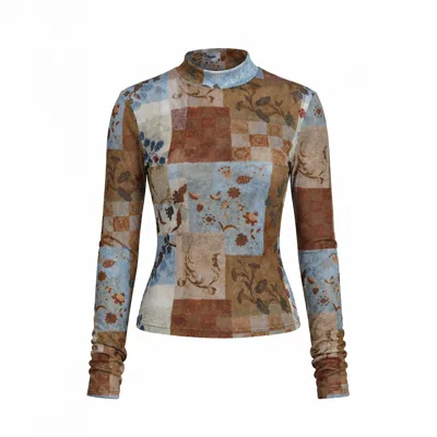 Another Girl Women's Blue & Brown Patchwork Mesh High Neck Top