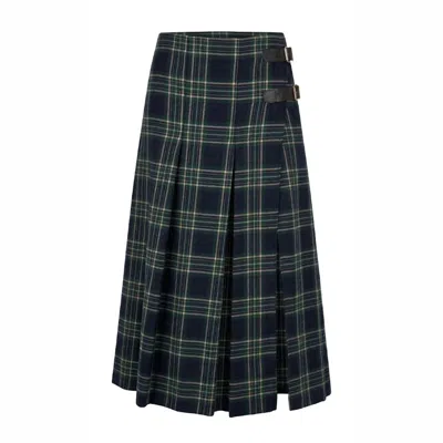 Another Girl Women's Blue Navy Tartan Buckle Detail Kilt Midi Skirt