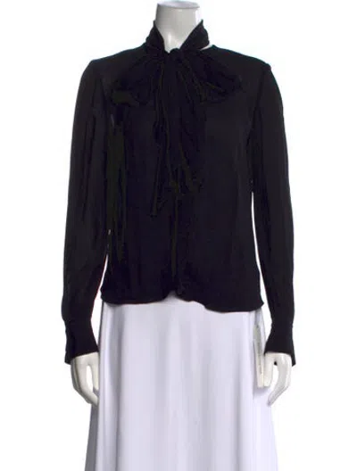 Pre-owned Another Tomorrow Tie Neck Long Sleeve Blouse In Black