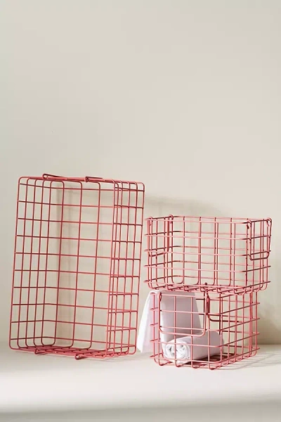 Anthropologie Wire Basket Crates, Set Of 3 In Pink