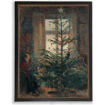 Antique Curiosities Christmas Tree Scene Reproduction Oil Painting With Beaded Frame In Black