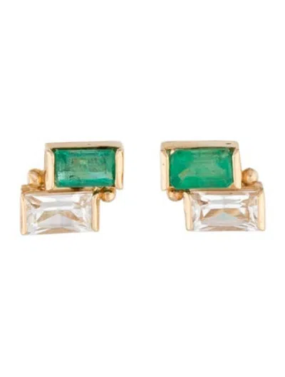 Pre-owned Anzie 14k Emerald & Topaz Cléo Deux Carré Stud Earrings In Multicolor