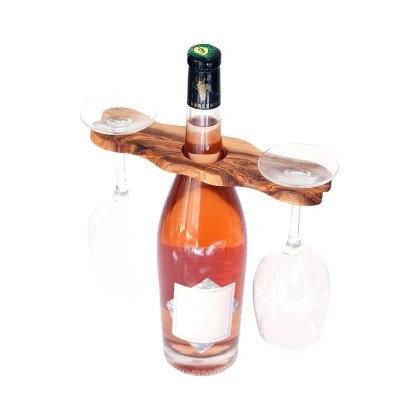 Apakowa Olive Wood Wine Bottle And Wine Glasses Holder In Multi